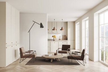 Bej otelin içinde dinlenme odası, koltuklar ve kahve masası var. Yemek rafları ve mutfak gereçleri olan bölünme ve bar adası. Kırsal kesimde panoramik pencere. 3B görüntüleme