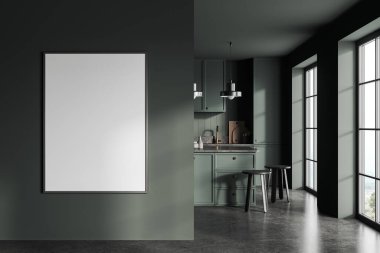 Karanlık ev mutfağı, bar adası ve gri beton zemin taburesi. Mutfak gereçleri ve rafları olan yeşil klasik yemek alanı. Tuvalin posterini hazırla. 3B görüntüleme