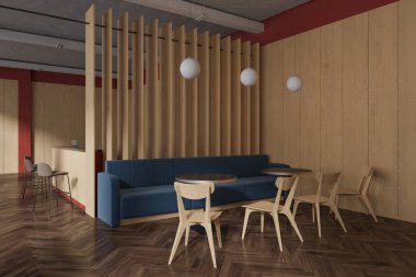 Şık bir kafeterya, sıralı sandalyeler, yan manzara koltuğu ve bölmenin arkasındaki bar tezgahı. Minimalist mobilyaları ve nakit masası olan modern bir kafeterya. 3B görüntüleme