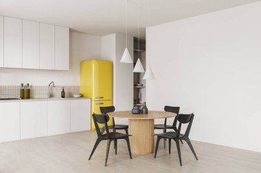 Yemek masası, sandalyeler, yan manzara beton zemin. Dolabı ve sarı buzdolabı olan yemek köşesi. Uzay duvarını kopyala. 3B görüntüleme