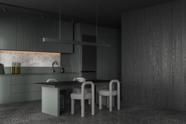 Siyah ve yeşil mutfak iç mimarisi, yemek masası ve sandalyeler, yan görüş gri beton zemin. Mutfak köşesinde gizli dolap rafları, buzdolabı ve mutfak malzemeleri var. 3B görüntüleme