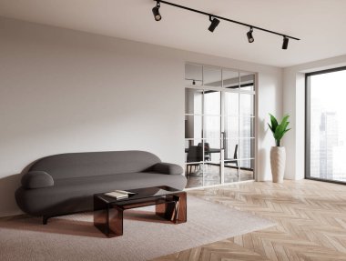 Ev manzarası, kanepe, cam kapılı sandalyeli yemek masası. Gökdelenlerin panoramik penceresi. Uzay duvarını kopyala. 3B görüntüleme