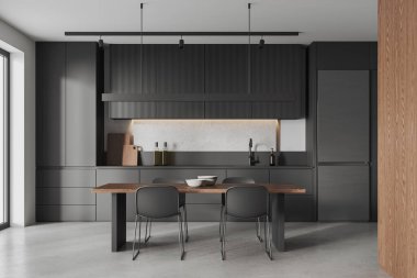 Modern ev mutfağı, yemek masası, sandalyeler, açık beton zemin. Dolap rafları ve buzdolabı ile yemek ve yemek odası. 3B görüntüleme