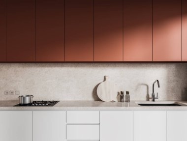 Kahverengi ve beyaz mutfak içi lavabo ve soba, tencere ve mutfak gereçleri taş tezgahın üstünde. Modern apartmandaki minimalist yemek pişirme alanına yakın çekim. 3B görüntüleme