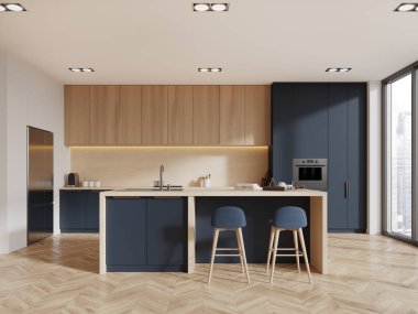 Ahşap ve mavi mutfak. Bar adası, tabure, ahşap zemin. Dolap ve buzdolabı ile lüks yemek ve pişirme alanı. Gökdelenlerin panoramik penceresi. 3B görüntüleme
