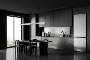 Koyu gri duvarları olan şık bir mutfak, beton zemin, rahat gri dolaplar ve lavabo ve fırında yapılmış dolaplar, buzdolabı ve sandalyeli yemek masası. 3d oluşturma