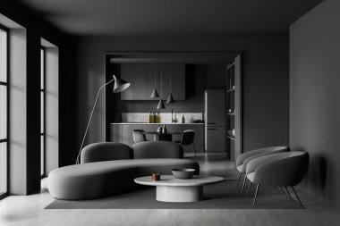 Kanepesi ve sandalyeli yemek masası, dekorasyonlu kahve masası olan modern karanlık bir ev. Panoramik pencereli yemek pişirme ve gevşeme alanı. 3B görüntüleme