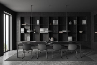 Konferans masası, dekorasyonlu raf, gri beton zeminde halı. Minimalist mobilyalar ve panoramik pencereli toplantı alanı. 3B görüntüleme