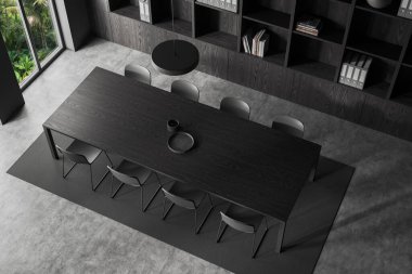 Konferans masası ve dekorasyonlu raflı iç mekan manzarası, gri beton zeminde halı. Minimalist mobilyalar ve pencerelerle buluşma köşesi. 3B görüntüleme