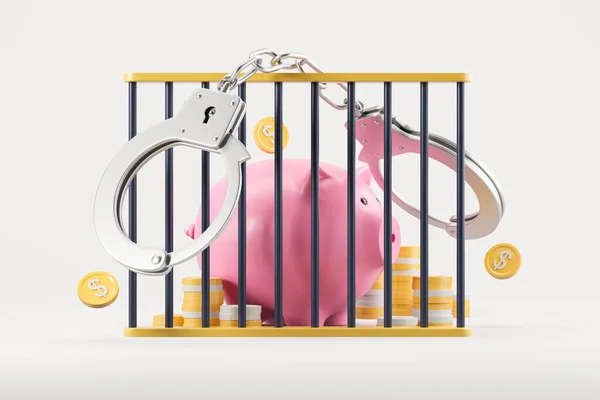 Metal Handcuffs Prison Cell Piggy Bank Stack Coins Concept Money — Stock Photo, Image