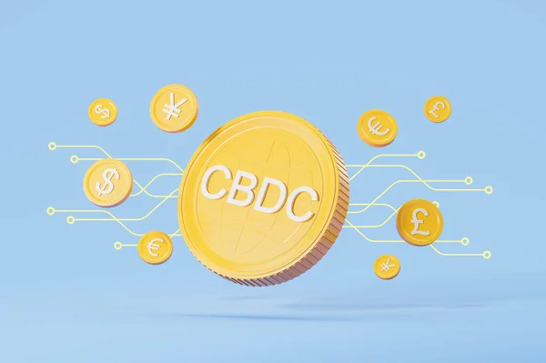 Gold central bank digital currency coin, diverse money icons and abstract circuit lines on blue background. Concept of blockchain, electronic money, trade and exchange. 3D rendering illustration