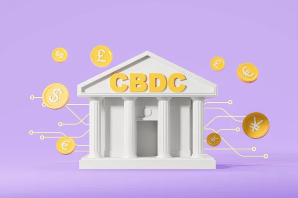 Cartoon Centrale Bank Verschillende Digitale Valuta Munten Diverse Geld Pictogrammen — Stockfoto