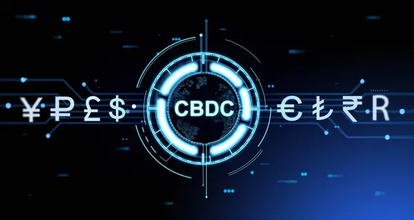 stock image CBDC with different countries currency in row, abstract circuit board background. Concept of digital central bank, blockchain and money exchange. 3D rendering illustration