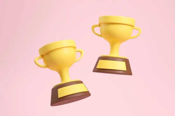 Tekintse Meg Két Ragyogó Arany Trófea Csésze Élénk Rózsaszín Háttér — Stock Fotó