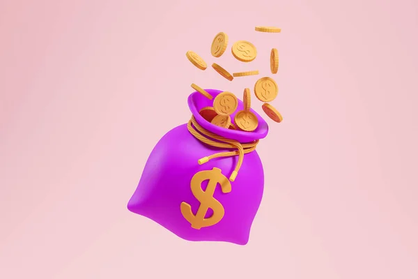 Мультяшна Фіолетова Сумка Значком Долара Монети Мішком Літають Рожевому Тлі — стокове фото