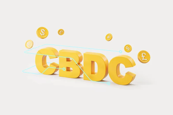 Letters CBDC surrounded by digital dollar, yen, euro and pound coins over white background. Concept of Central Bank Digital Currency. 3d rendering