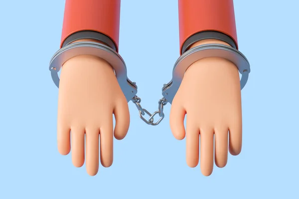 Cartoon Character Hands Locked Metal Handcuffs Detaining Arresting Criminal Blue — Stock Photo, Image