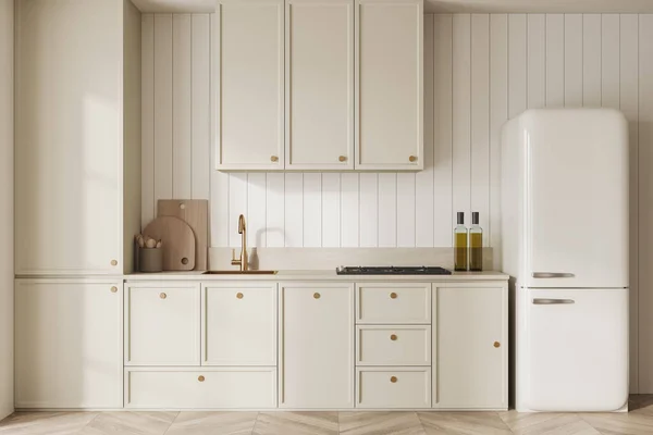 Interior Cozinha Moderna Com Paredes Brancas Piso Madeira Armários Brancos — Fotografia de Stock