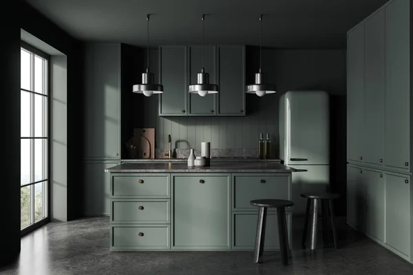 Luxury Green Home Kitchen Interior Stone Bar Island Stool Grey — Stock Photo, Image