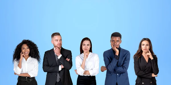Businessmen Businesswomen Pensive Thoughtful Portraits Row Copy Space Blue Background — Stock Photo, Image