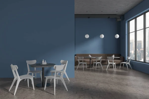Dark Blue Restaurant Interior Chairs Table Mock Copy Space Wall — Stock Photo, Image