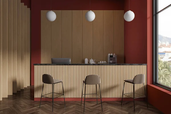 Interior Cafetería Moderna Con Paredes Color Naranja Madera Suelo Madera — Foto de Stock