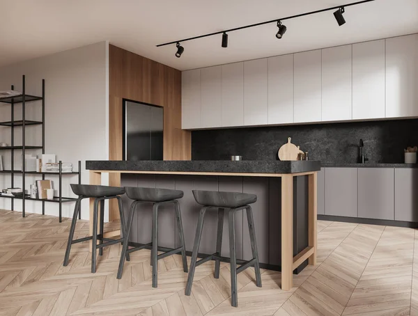Hoek Van Moderne Keuken Met Witte Houten Muren Grijze Aanrechtbladen — Stockfoto