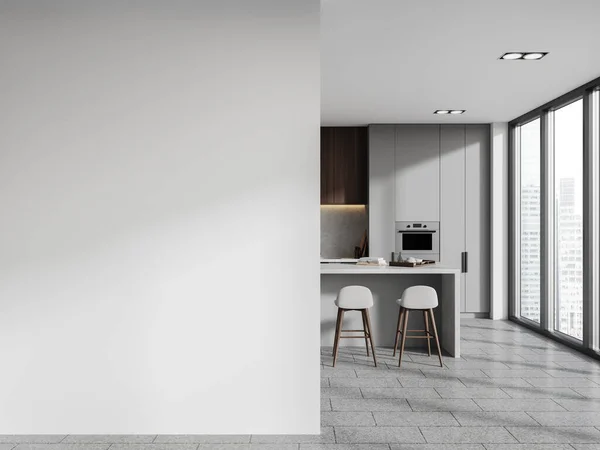 Light home kitchen interior with bar island and stool, grey tile concrete floor. Cooking space with cabinet, panoramic window on skyscrapers. Mock up empty wall partition. 3D rendering