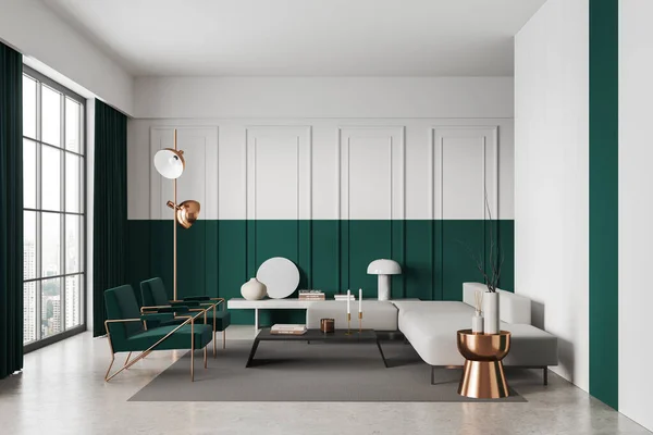 白と緑の壁 コンクリートフロア 快適なホワイトソファ 居心地の良いコーヒーテーブルの近くに立っている2つの緑色のアームチェアのモダンなリビングルームのインテリア 3Dレンダリング — ストック写真