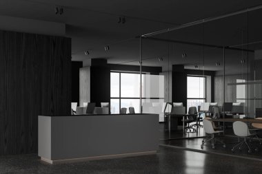 İçi karanlık ofis resepsiyon masası, yan manzaralı iş koridoru ve cam konferans odası. Bilgisayar ve gökdelenlerdeki panoramik pencerelerle eş zamanlı çalışma alanı. 3B görüntüleme