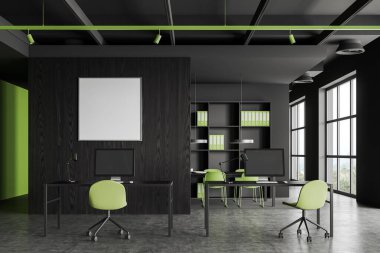 Bilgisayarla ortak çalışma alanı, halı üzerinde sandalyeler olan toplantı masası. Minimalist iş mobilyaları, raf ve pencere. Tuvalin posterini hazırla. 3B görüntüleme