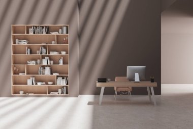 Çalışma masasında bilgisayar, aydınlık beton zeminde koltuk olan bej bir CEO. Minimalist mobilyaları, rafları ve kitapları olan modern çalışma odası. Kopya uzay duvarı. 3B görüntüleme