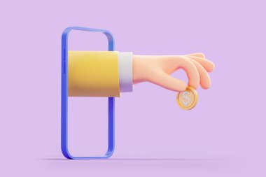 Çizgi filmdeki adam elinde bir dolar, mor arka planda soyut akıllı telefon tutuyor. Nakit para, çevrimiçi ödeme, internet bankacılığı ve indirim kavramı. 3B resimleme