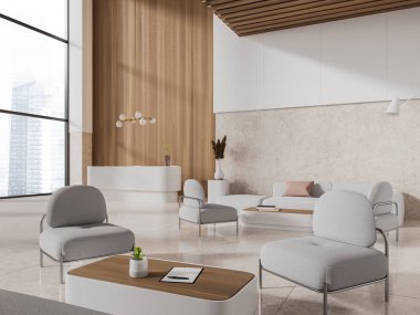 Samimi ofis içi bekleme yeri yumuşak koltuk ve kanepe yan görüş resepsiyonu ve gökdelenlerin panoramik penceresi. Girişteki lüks bekleme ve danışma alanında. 3B görüntüleme
