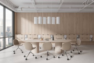 Konferans kuruluyla, ahşap raflarla, aydınlık beton zeminle samimi bir toplantı. Kuala Lumpur gökdelenlerinde panoramik pencereli Ceo çalışma alanı. 3B görüntüleme