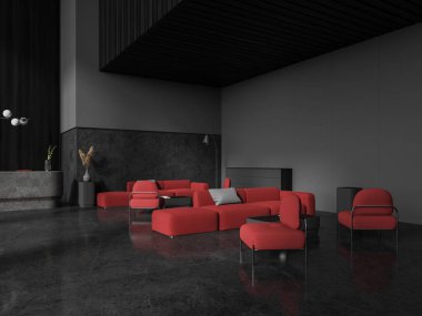 Kırmızı koltuklu siyah resepsiyon lobisi ve kahve masalı kanepe, gri granit döşemeli. Ofiste ya da otel girişinde bekleme ve buluşma köşesi. 3B görüntüleme