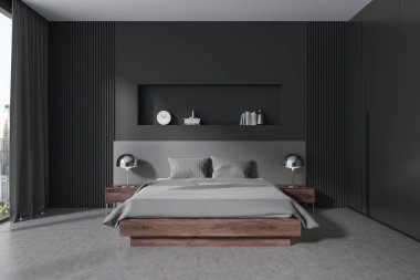 Karanlık ev yatak odasının içi yatak odası, dekoratif komodin, gri beton zemin. Modern stüdyo dairede panoramik pencereli bir uyku alanı. 3B görüntüleme
