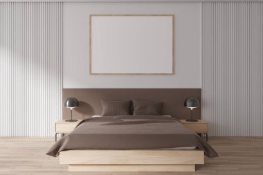 Lüks otel odasının iç yatağı ve parke döşemeli komodiniyle. Rahat tasarım ve kahverengi yatak örtüsüyle rahatlatıcı bir yer. Beyaz duvardaki tuval posterini taklit et. 3B görüntüleme