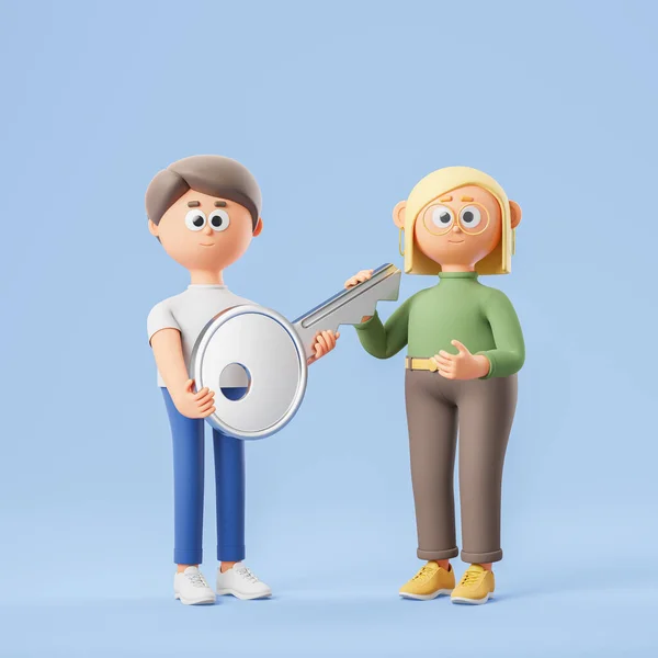 View of cartoon man and woman holding big house key standing over blue background. Concept of buying new home, real estate and relocation. 3d rendering