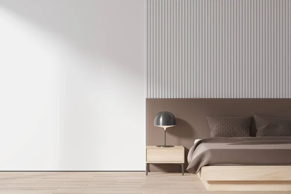 Interior Dormitorio Moderno Con Paredes Blancas Suelo Madera Cómoda Cama — Foto de Stock