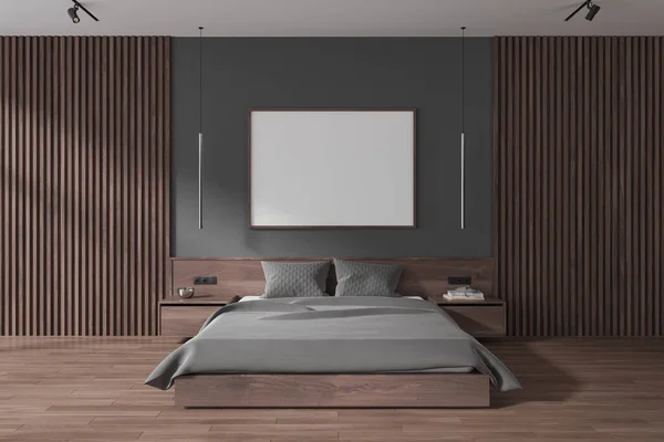 Dark Hotel Bedroom Interior Bed Nightstand Decoration Grey Pillow Bed — Stock Photo, Image
