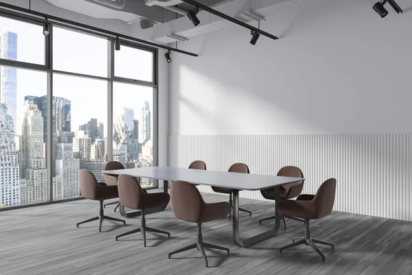 Ecke Eines Modernen Büro Besprechungsraums Mit Weißen Wänden Betonboden Langem — Stockfoto