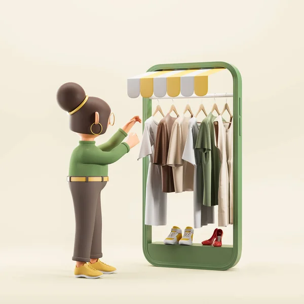 Cartoon character woman choosing and buying clothes and shoes, abstract smartphone screen with rail. Concept of online shopping and fashion. 3D rendering illustration