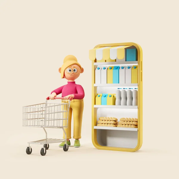 Cartoon character woman with shopping cart, milk and bread on smartphone display. Concept of online shopping, delivery and mobile app. 3D rendering illustration