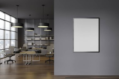 Masa ve masa, Paris gökdelenleri üzerine panoramik pencere. Minimalist çalışma alanı ya da eğitim alanı. Bölümdeki tuval posterini taklit et. 3B görüntüleme