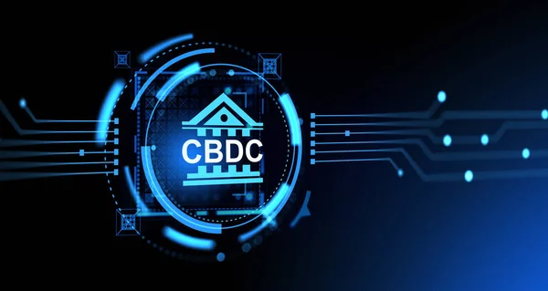 Central bank digital currency CBDC, futuristic abstract background with circuit board lines. Concept of blockchain, asset and financial security. 3D rendering illustration