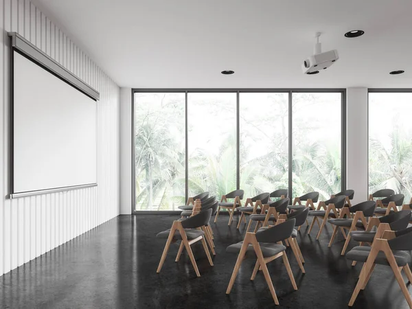 Fehér Modern Osztályterem Belső Tér Fotelekkel Sorban Projektor Gúnyolódni Tér — Stock Fotó