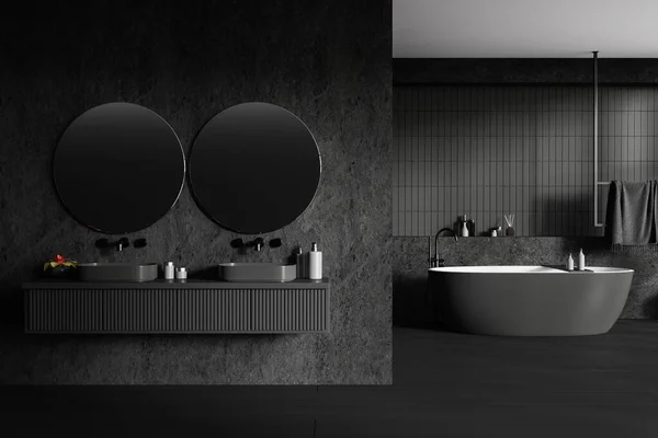 黑暗的家庭浴室内部与双水槽 隔板和浴缸与毛巾衣架 华丽的装饰和饰物上的虚荣 黑色镶板地板 3D渲染 — 图库照片