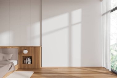 Modern yatak odasının içinde beyaz duvarlar, ahşap zemin, yanında ahşap kitap rafı ve sağında uzay duvarı olan rahat bir yatak odası. 3d oluşturma
