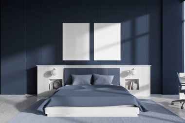 Mavi duvarları, beton zemini, mavi kapaklı rahat kral yatağı, ahşap raflar ve iki dikey maket posterli şık bir yatak odası. 3d oluşturma